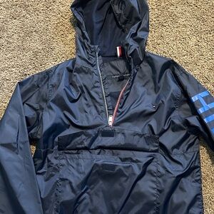 Tommy Hilfiger Navy Blue Hooded anorak quarter zip Windbreaker- youth Large